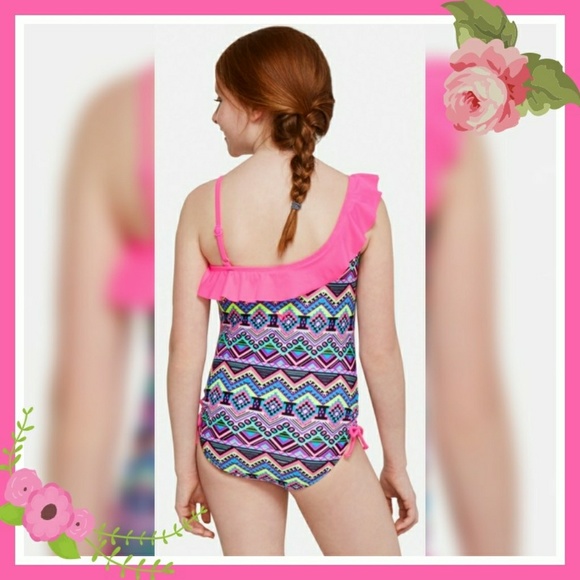 JUSTICE Girls Geometric Print One Piece Swimsuit - Picture 2 of 4